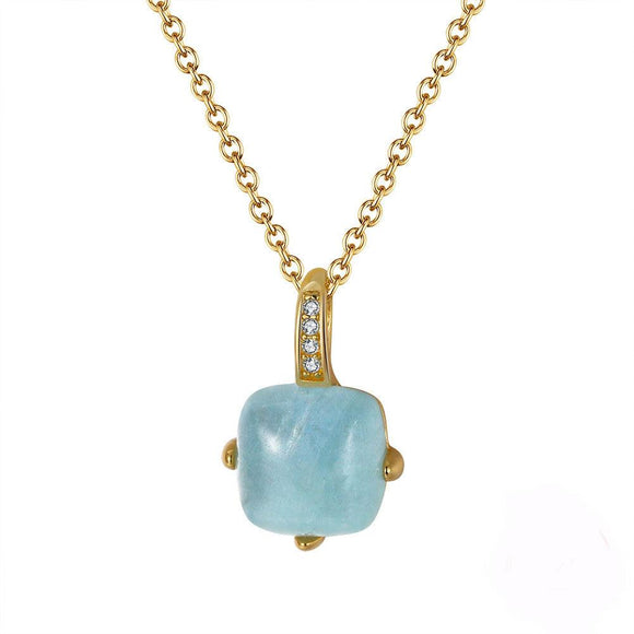 Natrural Aquamarine Cushion Gemstone Pendant Chain Necklace Silver Yellow Gold Plated Jewellery - lanciashow