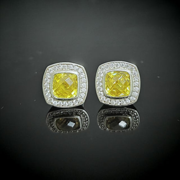 7mm Cushion Cut Lemon Cubiz Ziconia Stud Earrings 925 Sterling Silver Oxidized Jewelry