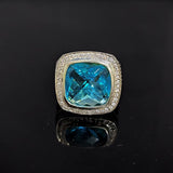 Vintage 925 Sterling Silver With Large Blue Cubic Zirconia Chunky Ring Oxidized Jewelry