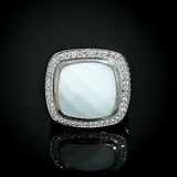 White Agate Natural Stone Cocktail Ring 925 Sterling Silver Pave CZ Statement Jewelry