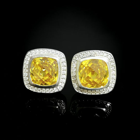 11mm Cushion Cut Golden Cubiz Ziconia Stud Earrings 925 Sterling Silver With Stone Jewelry