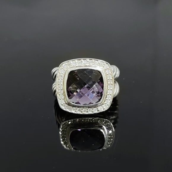 Split Shank Square Ring 925 Sterling Silver Vintage Jewelry Simulated Amethyst Pave CZ