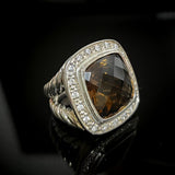 14mm Smoky Color Cubic Zirconia Ring Antique 925 Sterling Silver Womens Jewelry