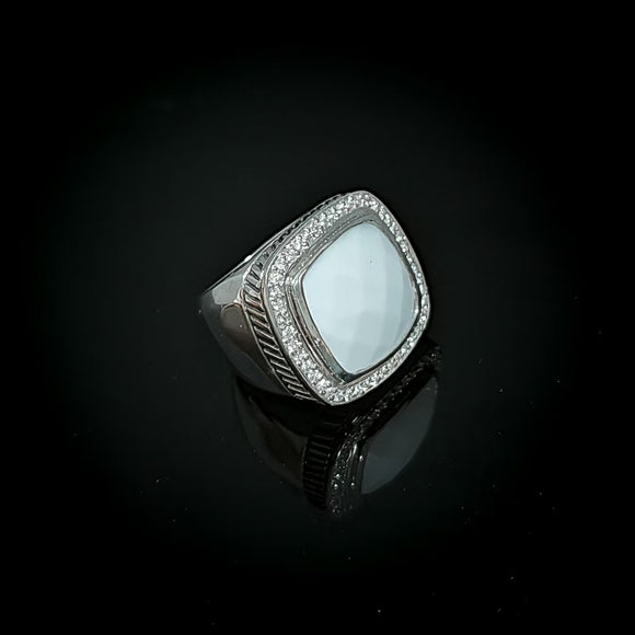 White Agate Natural Stone Cocktail Ring 925 Sterling Silver Pave CZ Statement Jewelry