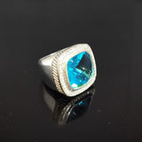 Vintage 925 Sterling Silver With Large Blue Cubic Zirconia Chunky Ring Oxidized Jewelry
