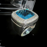 Vintage 925 Sterling Silver With Large Blue Cubic Zirconia Chunky Ring Oxidized Jewelry