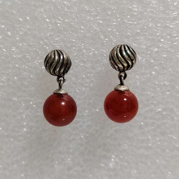 8mm Round Red Agate Stud Earrings 925 Sterling Silver Natural Stone Vintage Jewelry