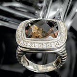 14mm Smoky Color Cubic Zirconia Ring Antique 925 Sterling Silver Womens Jewelry