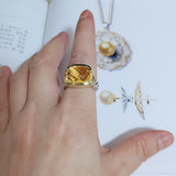 Natural Citrine Stone Cushion Cut Ring 925 Silver and Gold Jewelry Two Tones