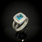 7mm Blue  Cubic Zirconia Ring 925 Sterling Silver Antique Jewelry For Women