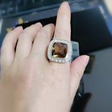 14mm Smoky Color Cubic Zirconia Ring Antique 925 Sterling Silver Womens Jewelry
