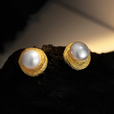 Round Ear Stud, Texture Rotate Model 925 Silver With Freshwater Pearl Earrings Jewellery