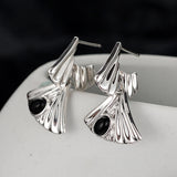 Natural Onyx Earrings, Ethnic Style Fashionable 925 Sterling Silver Fanshaped Ear Stud for Women