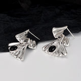 Natural Onyx Earrings, Ethnic Style Fashionable 925 Sterling Silver Fanshaped Ear Stud for Women
