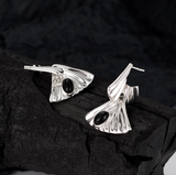 Natural Onyx Earrings, Ethnic Style Fashionable 925 Sterling Silver Fanshaped Ear Stud for Women