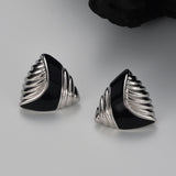 Geometric Stud Earrings, Black Enamel Triangle Ear Stud, Silver Classic Jewelry