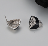 Geometric Stud Earrings, Black Enamel Triangle Ear Stud, Silver Classic Jewelry