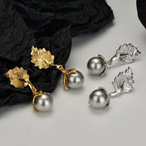 Irregular Textured Leaf Drop Earrings With 10MM Shell Pearl Aesthetic Design Jewelry