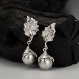 Irregular Textured Leaf Drop Earrings With 10MM Shell Pearl Aesthetic Design Jewelry