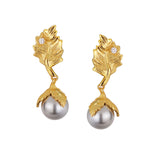 Irregular Textured Leaf Drop Earrings With 10MM Shell Pearl Aesthetic Design Jewelry