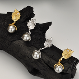 Irregular Textured Leaf Drop Earrings With 10MM Shell Pearl Aesthetic Design Jewelry