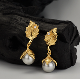 Irregular Textured Leaf Drop Earrings With 10MM Shell Pearl Aesthetic Design Jewelry