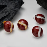 Round Winered Enamel Stud Earrings, 925 Silver Inlaid With Small White CZ Fashion Jewelry