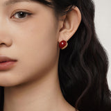 Round Winered Enamel Stud Earrings, 925 Silver Inlaid With Small White CZ Fashion Jewelry