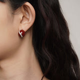 Round Winered Enamel Stud Earrings, 925 Silver Inlaid With Small White CZ Fashion Jewelry