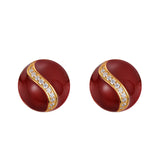 Round Winered Enamel Stud Earrings, 925 Silver Inlaid With Small White CZ Fashion Jewelry