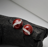 Round Winered Enamel Stud Earrings, 925 Silver Inlaid With Small White CZ Fashion Jewelry