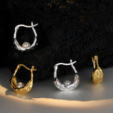 Irregular Texture Hoop Earrings, 925 Silver With Shell Pearl Elegant Jewellery For Women's Gift