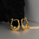 Irregular Texture Hoop Earrings, 925 Silver With Shell Pearl Elegant Jewellery For Women's Gift