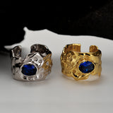 925 Silver Irregular Concave-Convex Statement Rings, Open Sapphire Color Wide Finger Ring for Women