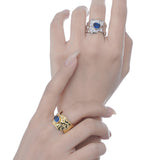 925 Silver Irregular Concave-Convex Statement Rings, Open Sapphire Color Wide Finger Ring for Women