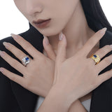 925 Silver Irregular Concave-Convex Statement Rings, Open Sapphire Color Wide Finger Ring for Women