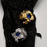 925 Silver Irregular Concave-Convex Statement Rings, Open Sapphire Color Wide Finger Ring for Women