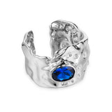 925 Silver Irregular Concave-Convex Statement Rings, Open Sapphire Color Wide Finger Ring for Women