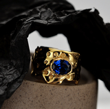 925 Silver Irregular Concave-Convex Statement Rings, Open Sapphire Color Wide Finger Ring for Women