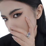 Dark Purple Gemstone Ring Pure Silver French Rococo Style, High-End Quality Size 7 Adjustable
