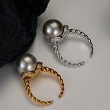 Twisted Cable Wire Band Adjustable Finger Rings , Sterling Silver With 12mm Gray Shell Pearl Jewelry