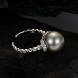Twisted Cable Wire Band Adjustable Finger Rings , Sterling Silver With 12mm Gray Shell Pearl Jewelry