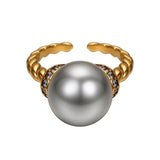 Twisted Cable Wire Band Adjustable Finger Rings , Sterling Silver With 12mm Gray Shell Pearl Jewelry