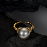 Twisted Cable Wire Band Adjustable Finger Rings , Sterling Silver With 12mm Gray Shell Pearl Jewelry