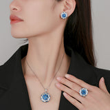 Gold Plated Simulated Blue Spinel Stone Jewelry Set Round Cut Ring Earrings Pendant