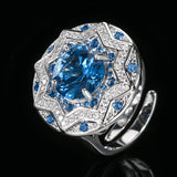 Gold Plated Simulated Blue Spinel Stone Jewelry Set Round Cut Ring Earrings Pendant