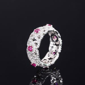 925 Sterling Silve Band Ring With Simulated Ruby And Pave White CZ