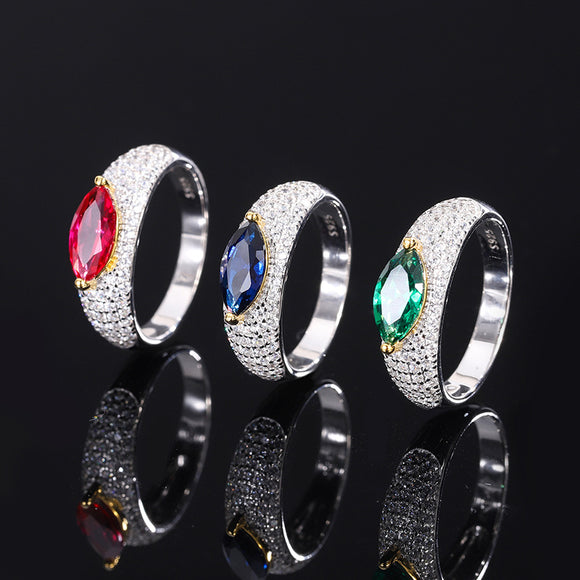 925 Silver Simulated Ruby/Emerald/Sapphire Ring Pave Lab Diamonds Ring For Women