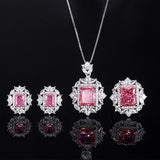 Pink High-Carbon Diamond Ice Flower Cut Earrings Pendant Open Ring Set High-End Fashion Costume Jewelry