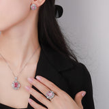 Pink High-Carbon Diamond Ice Flower Cut Earrings Pendant Open Ring Set High-End Fashion Costume Jewelry
